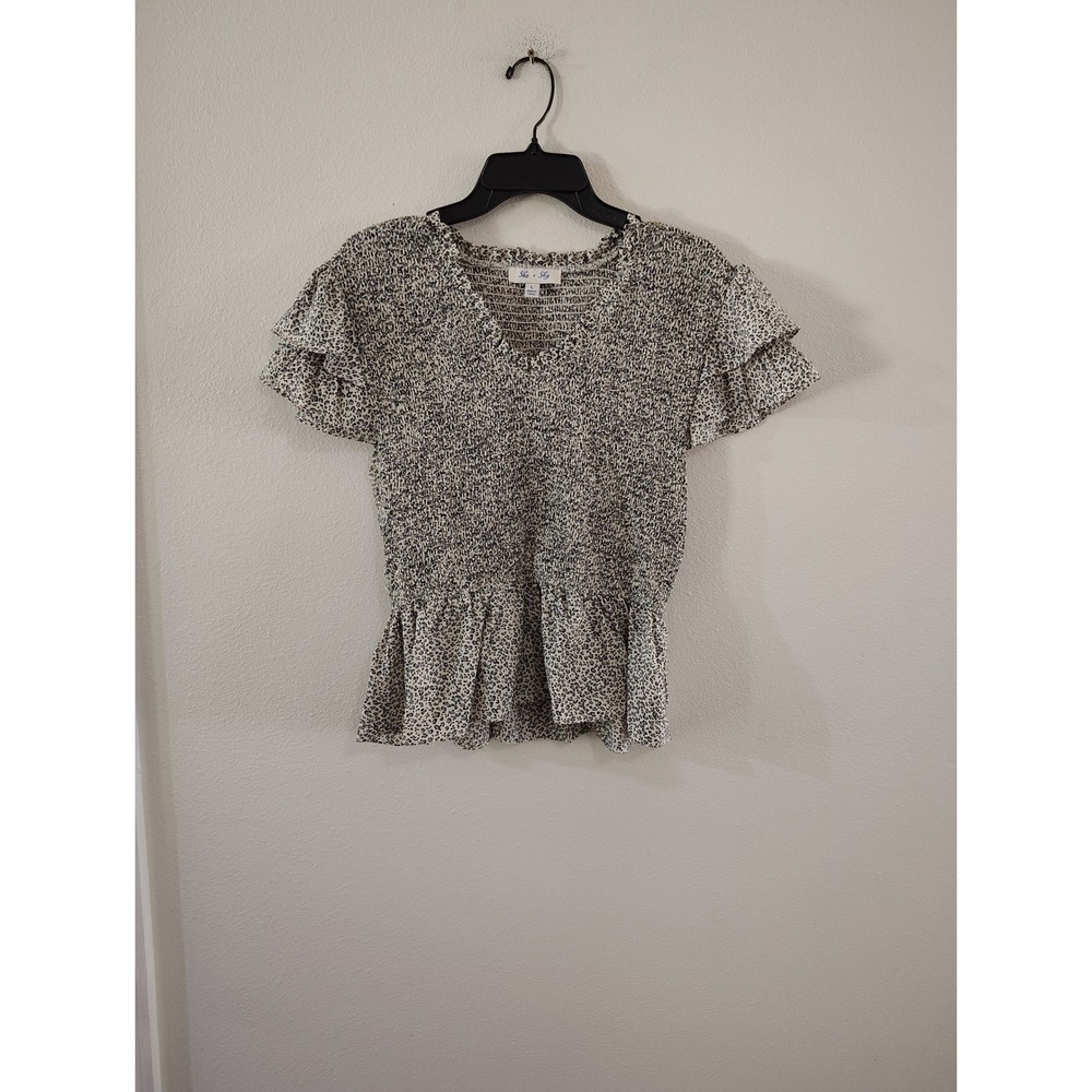 She + Sky Womens Leopard Print Smocked Peplum Top Tiered Flutter Sleeve V-Neck L
